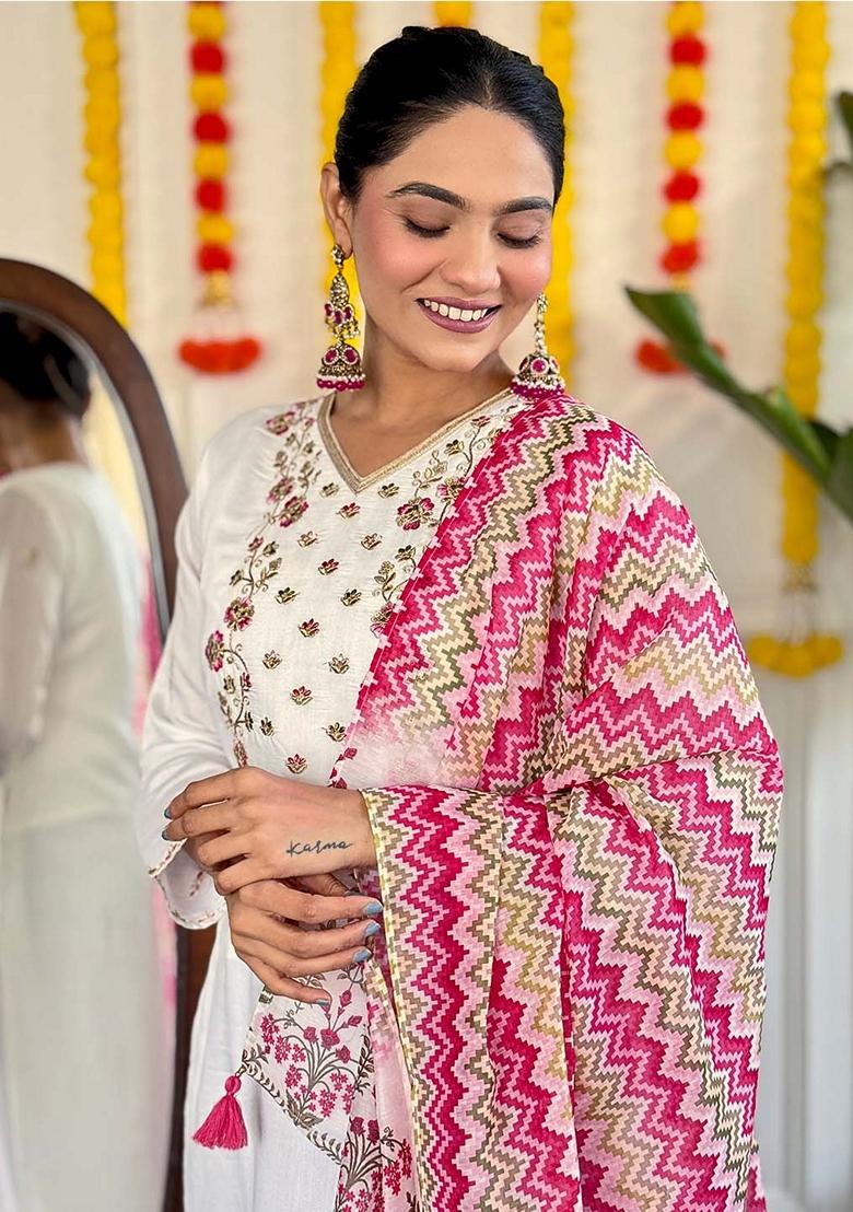 White Thread Embroidered Viscose Kurta Set