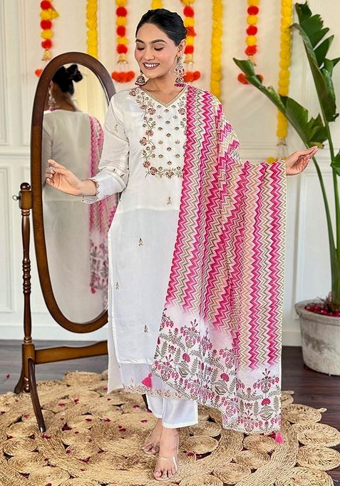 White Thread Embroidered Viscose Kurta Set