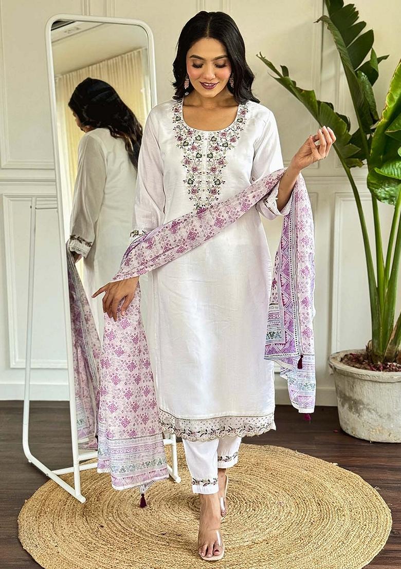 White Thread Embroidered Viscose Kurta Set