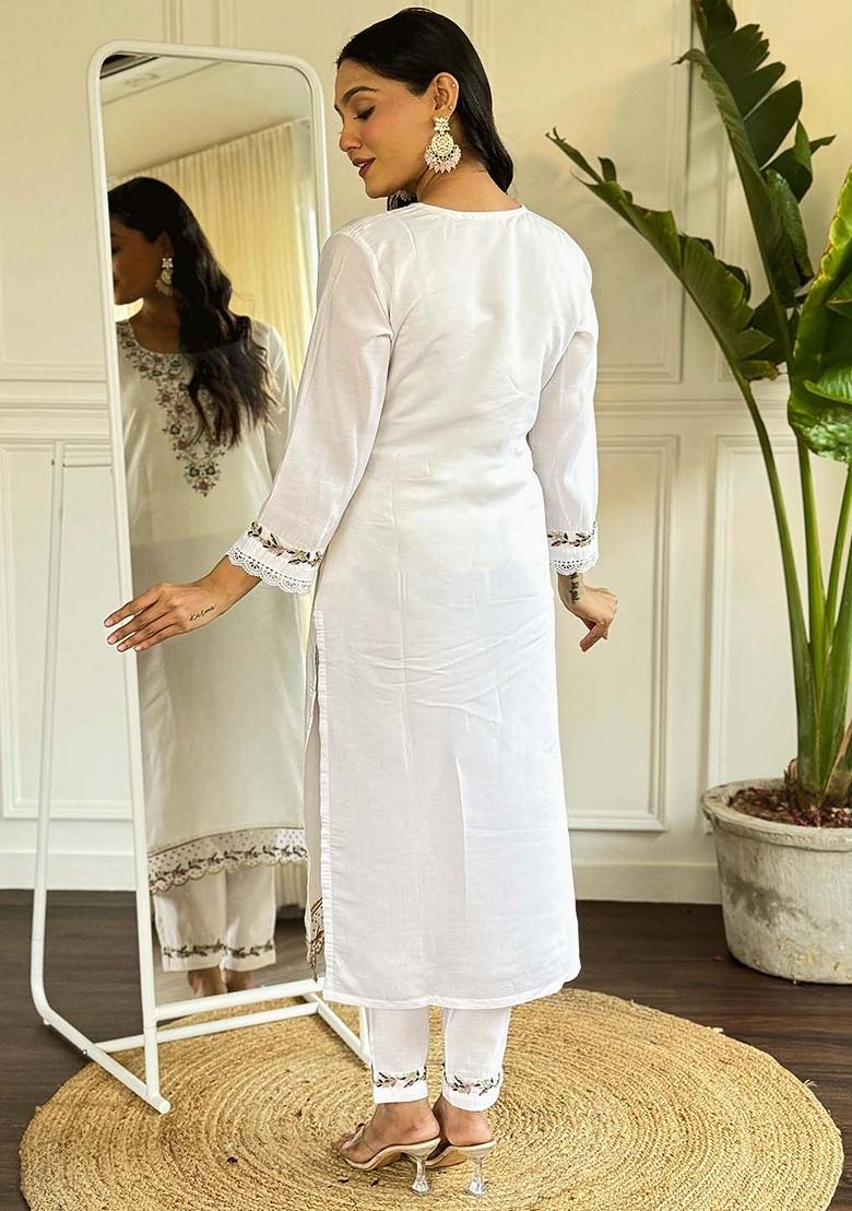 White Thread Embroidered Viscose Kurta Set