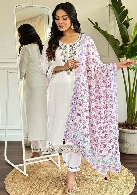 White Thread Embroidered Viscose Kurta Set