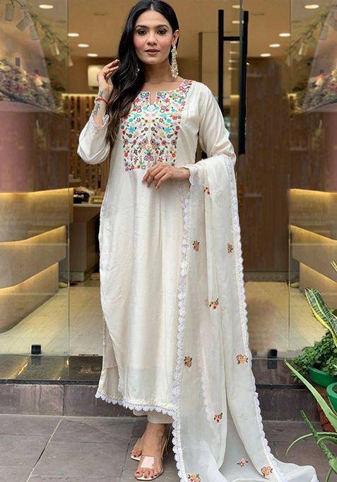 Cream Thread Embroidered Viscose Kurta Set