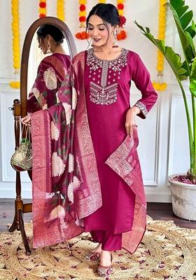 Magenta Thread Embroidered Viscose Kurta Set