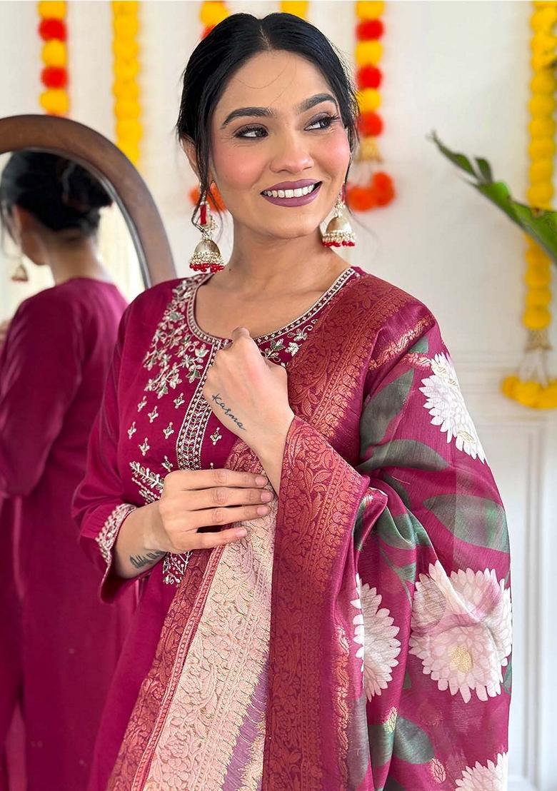 Magenta Thread Embroidered Viscose Kurta Set