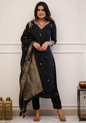Black Thread Embroidered Viscose Kurta Set