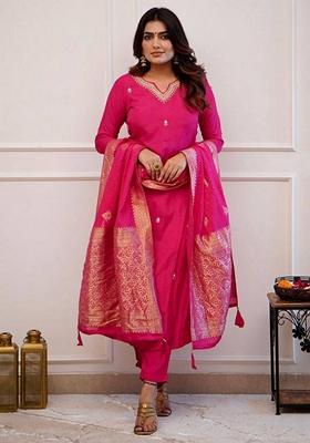 Rani Pink Thread Embroidered Viscose Kurta Set