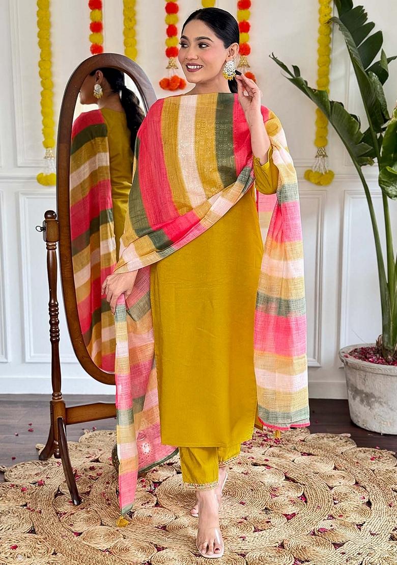 Mustard Yellow Thread Embroidered Viscose Kurta Set
