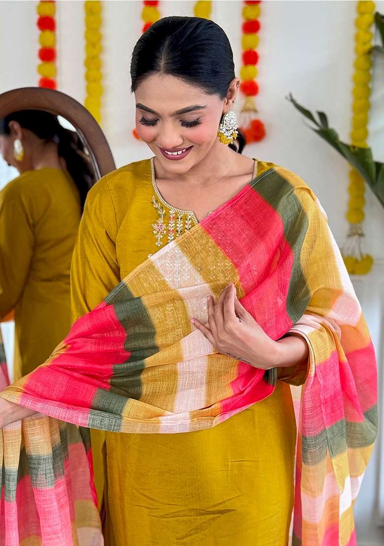 Mustard Yellow Embroidered Viscose Straight Kurta Set - Indya