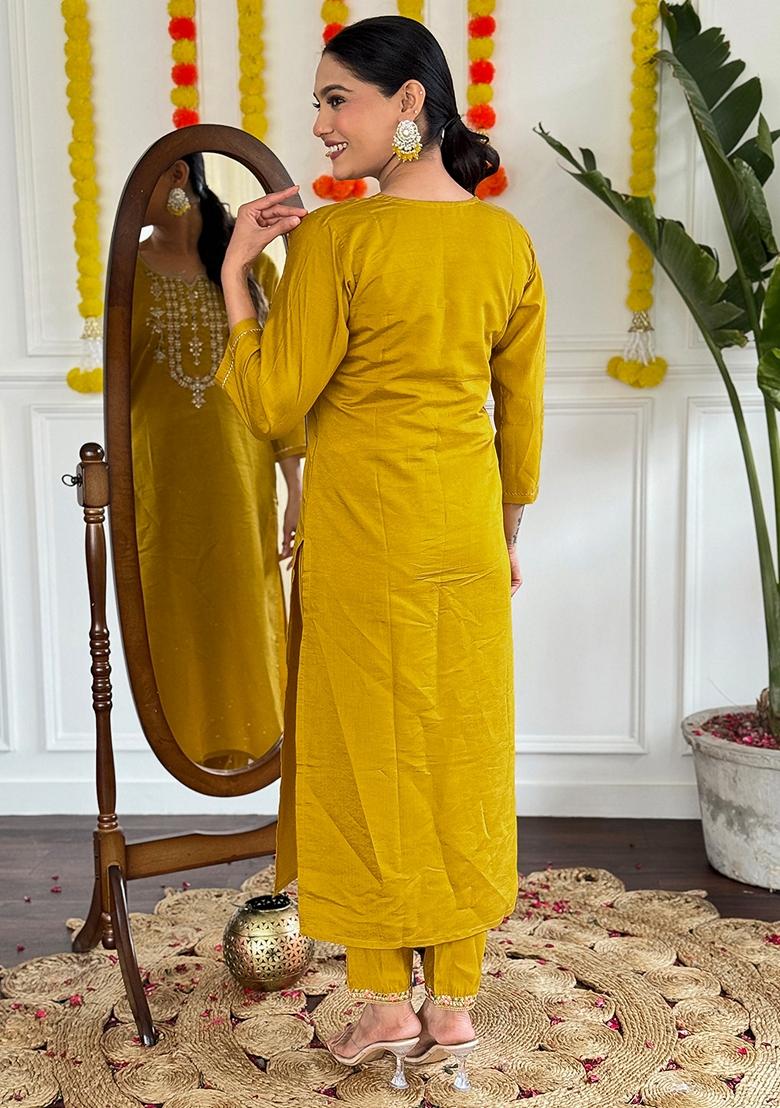 Mustard Yellow Thread Embroidered Viscose Kurta Set