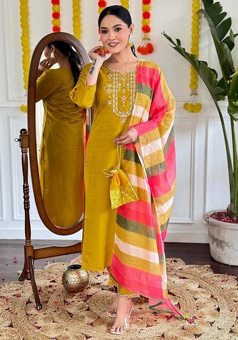 Mustard Yellow Embroidered Viscose Straight Kurta Set