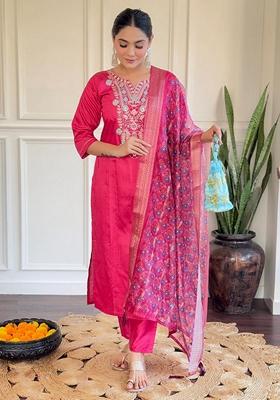 Pink Thread Embroidered Chanderi Kurta Set