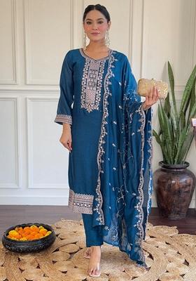Blue Thread Embroidered Vichitra Silk Kurta Set