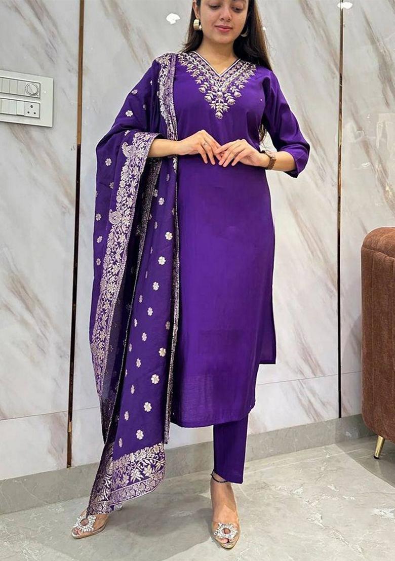 Wine Thread Embroidered Viscose Kurta Set