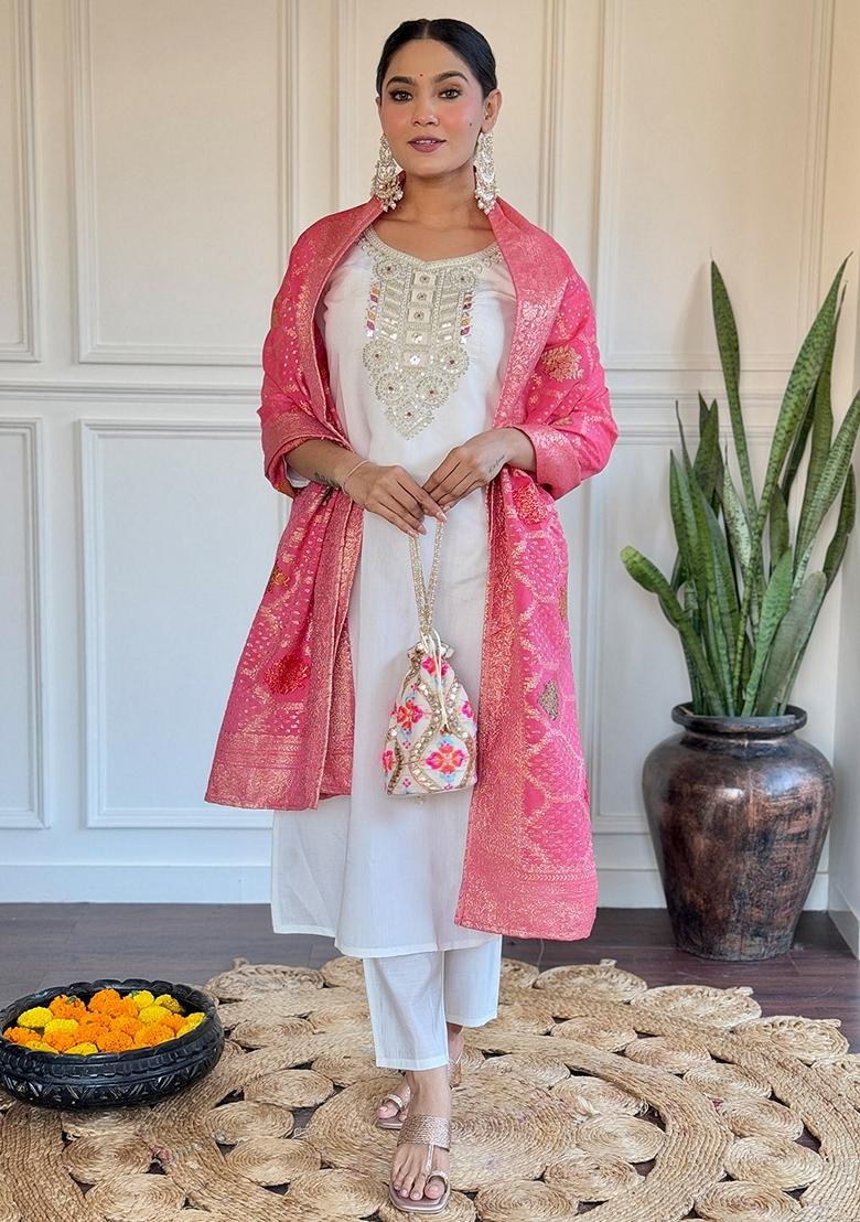 Off White Thread Embroidered Chanderi Kurta Set