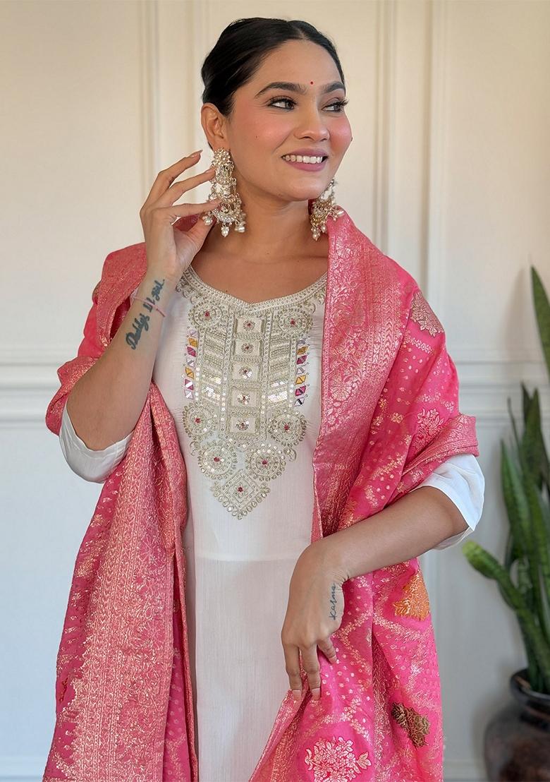 Off White Thread Embroidered Chanderi Kurta Set