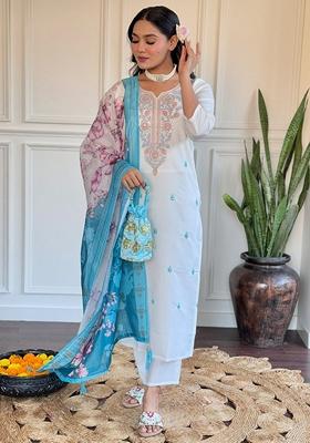 Off White Thread Embroidered Viscose Kurta Set