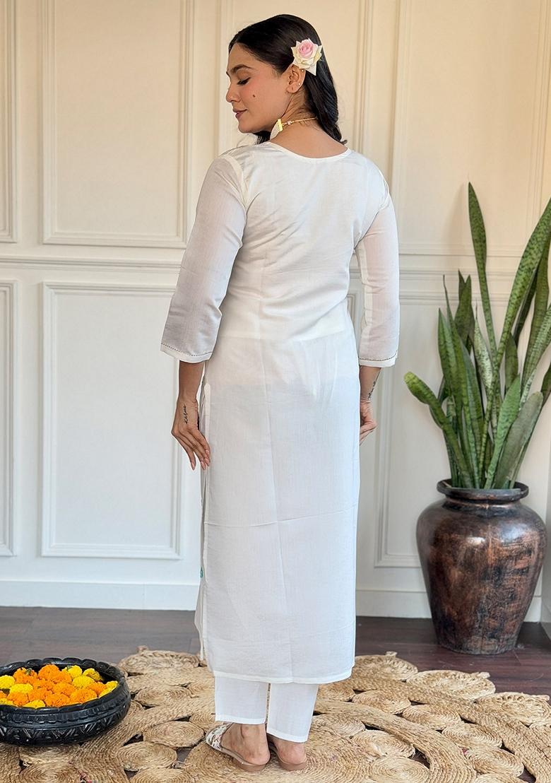 Off White Thread Embroidered Viscose Kurta Set