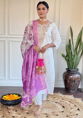 Off White Thread Embroidered Viscose Kurta Set