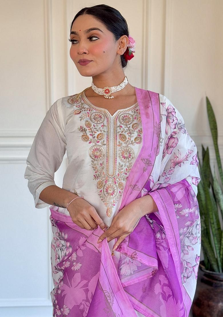 Off White Thread Embroidered Viscose Kurta Set