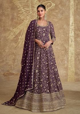 Purple Thread Sequin Embroidered Georgette Anarkali Set