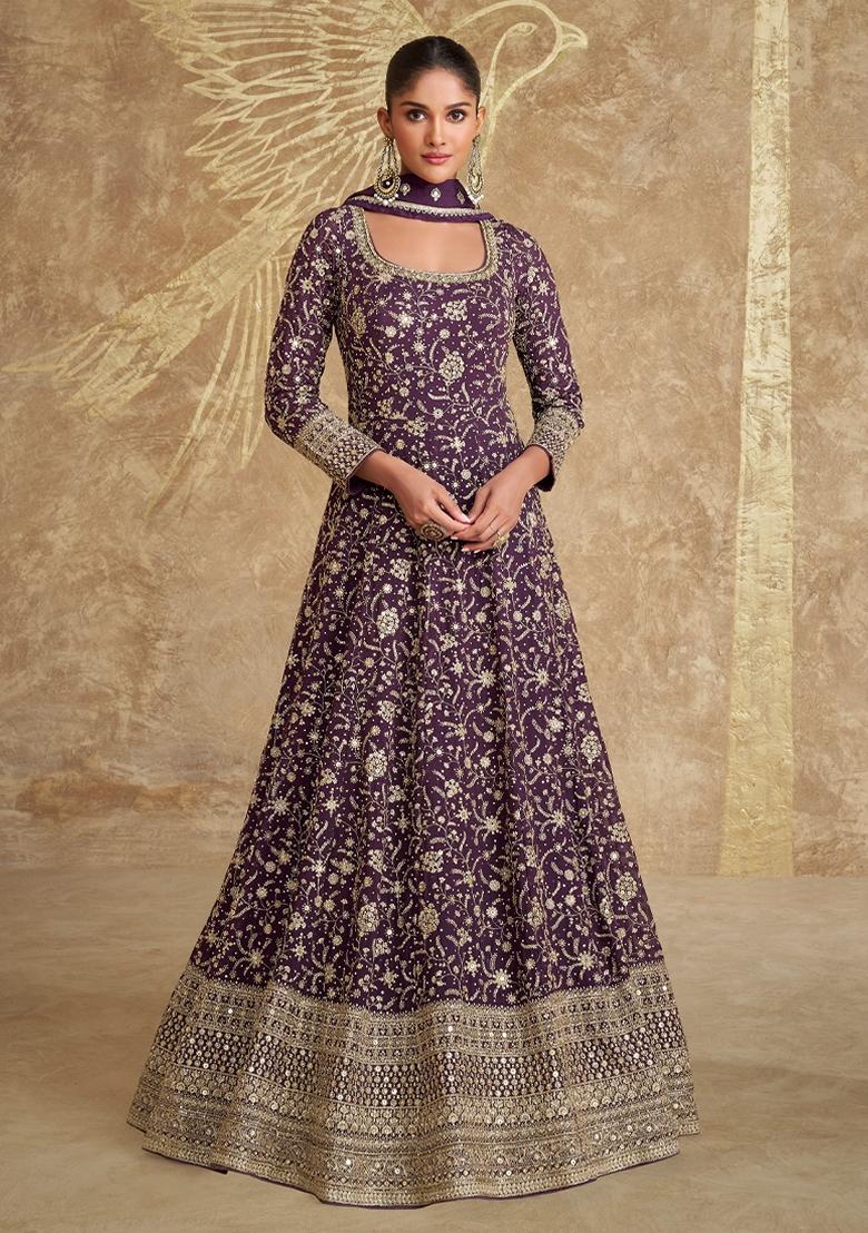 Purple Thread Sequin Embroidered Georgette Anarkali Set