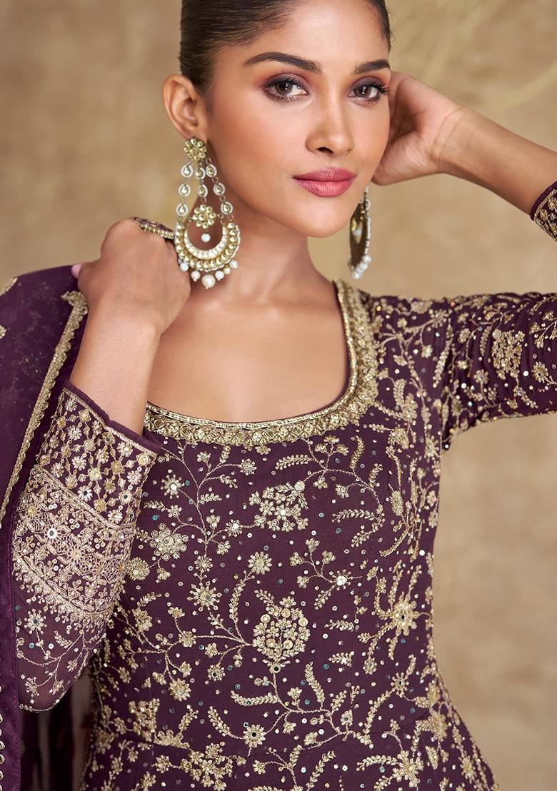 Purple Thread Sequin Embroidered Georgette Anarkali Set
