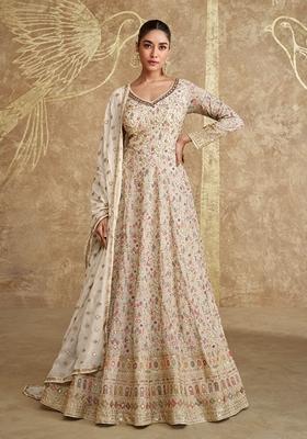 White Thread Sequin Embroidered Georgette Anarkali Set