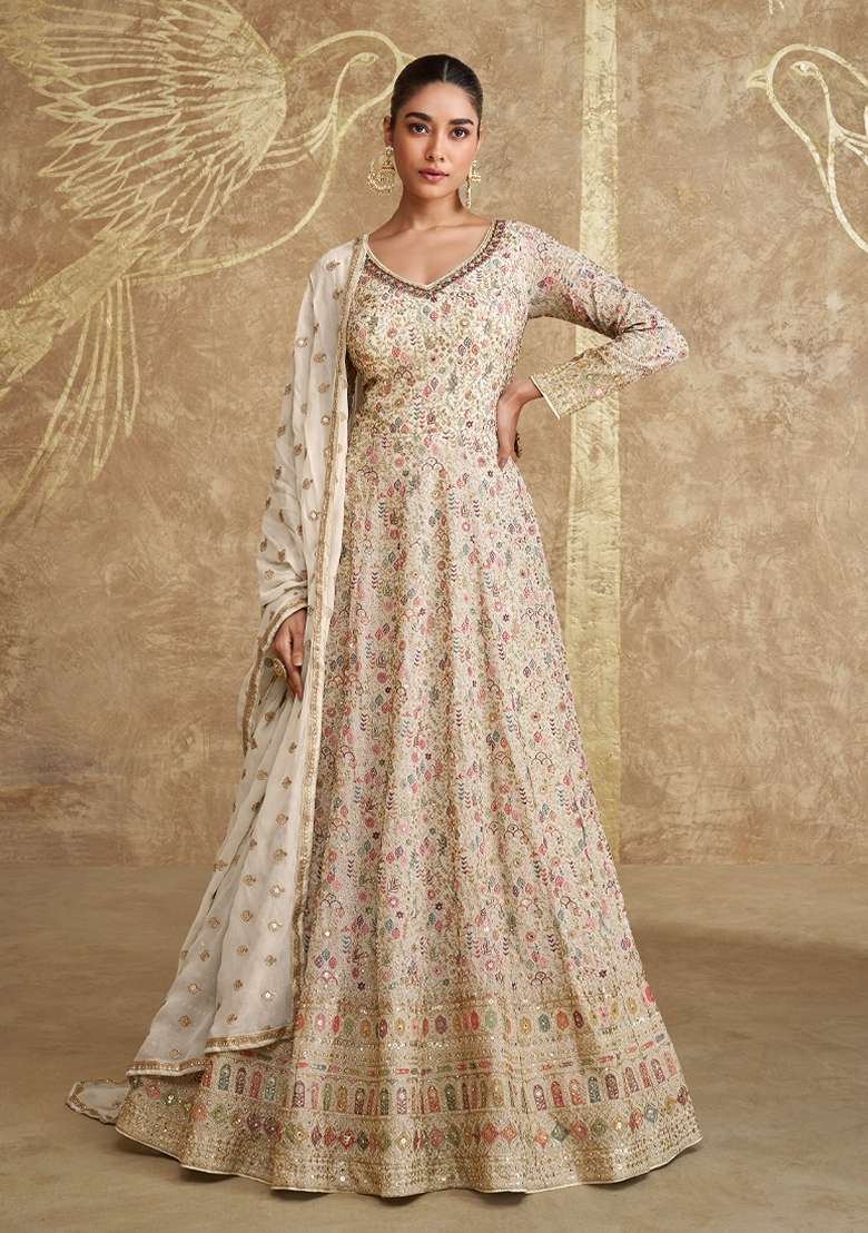 White Embroidered Georgette Anarkali Set - Indya