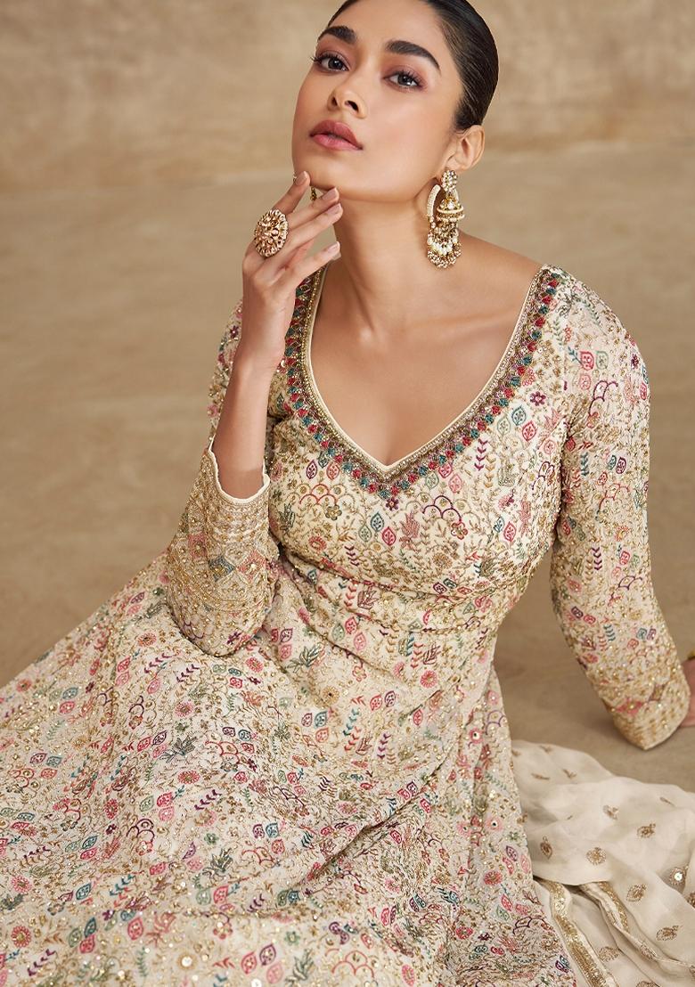 White Thread Sequin Embroidered Georgette Anarkali Set