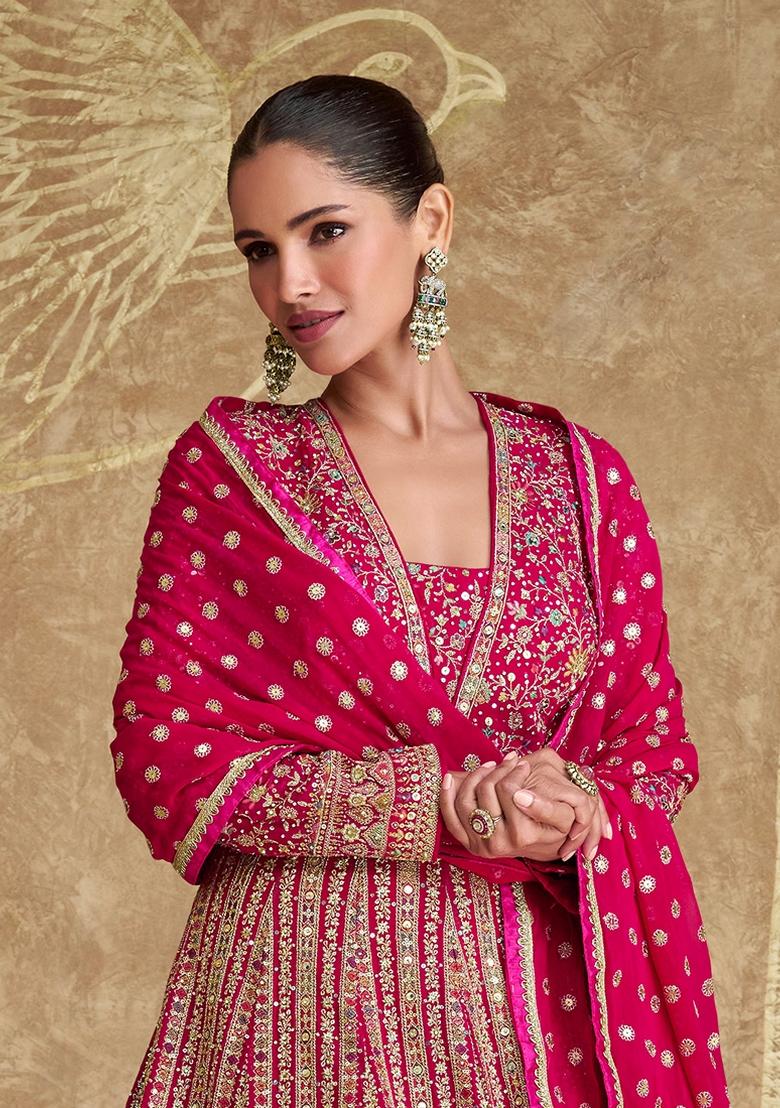 Pink Thread Sequin Embroidered Georgette Anarkali Set