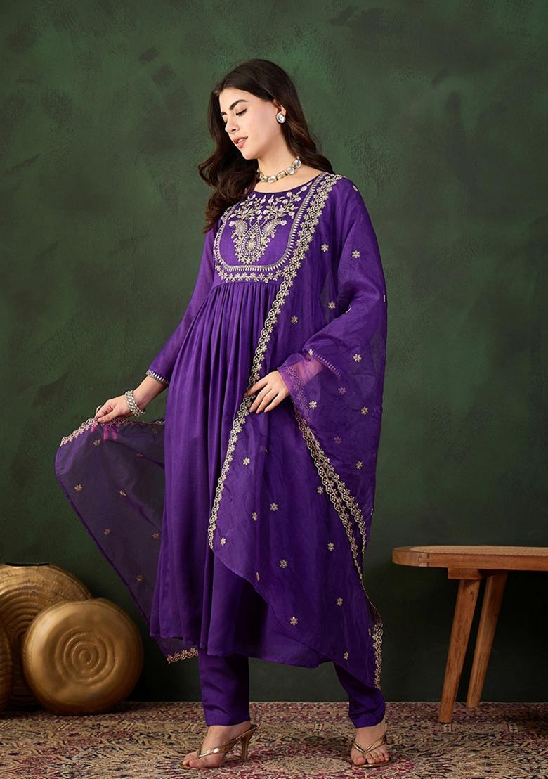 Purple Zari Sequin Embroidered Vichitra Kurta Set