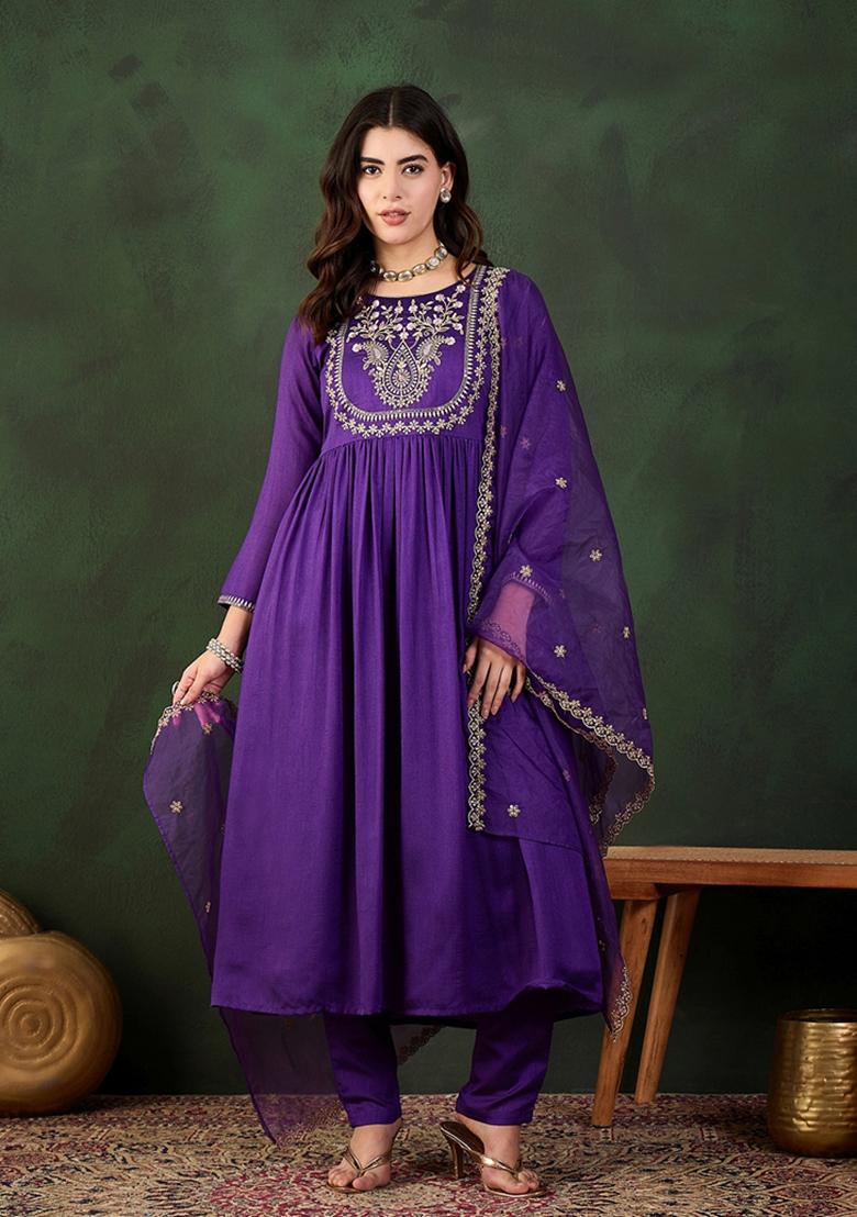 Purple Zari Sequin Embroidered Vichitra Kurta Set
