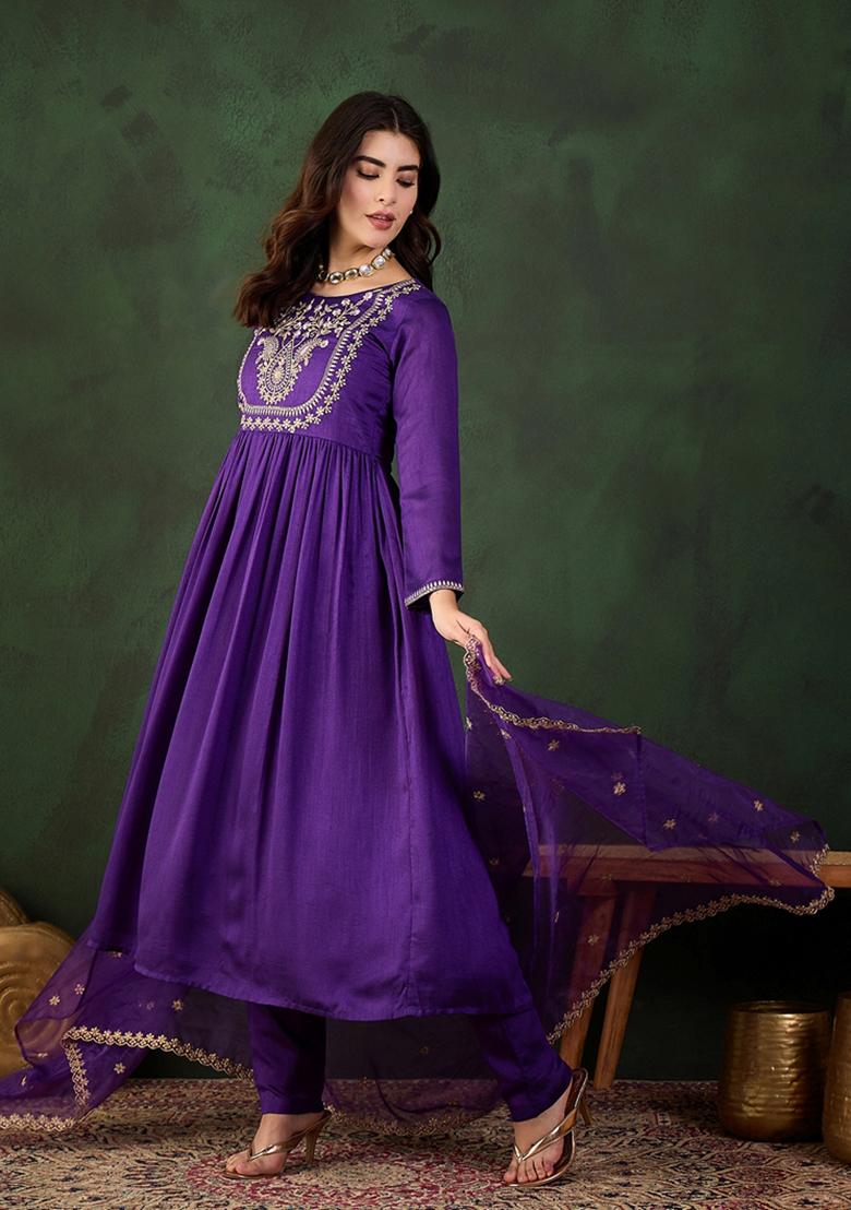 Purple Zari Sequin Embroidered Vichitra Kurta Set
