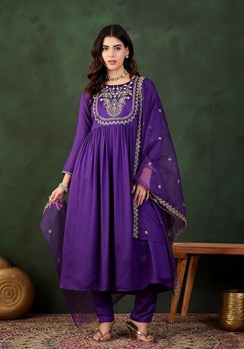 Purple Zari Sequin Embroidered Vichitra Kurta Set