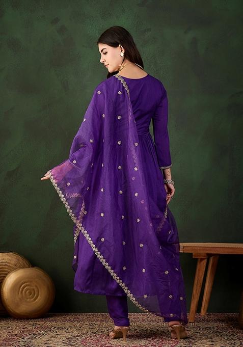 Purple Zari Sequin Embroidered Vichitra Kurta Set