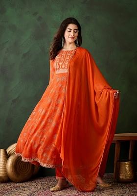 Orange Foil Print Sequin Embroidered Soft Georgette Kurta Set