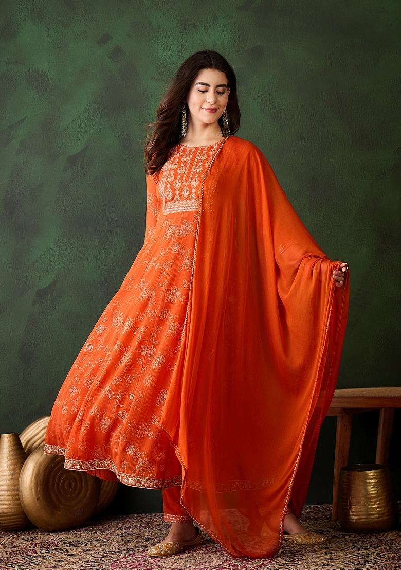 Orange Foil Print Sequin Embroidered Soft Georgette Kurta Set