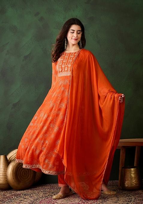 Orange Foil Print Sequin Embroidered Soft Georgette Kurta Set