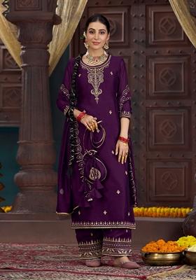 Wine Sequin Embroidered Silk Blend Kurta Set With Belt And Potli Bag