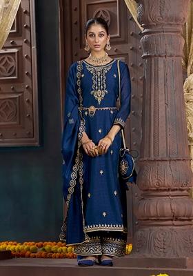 Blue Sequin Embroidered Silk Blend Kurta Set With Belt And Potli Bag