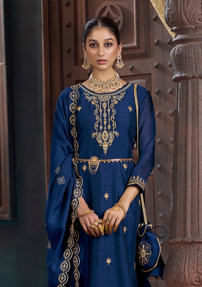 Blue Sequin Embroidered Silk Blend Kurta Set With Belt And Potli Bag - Indya