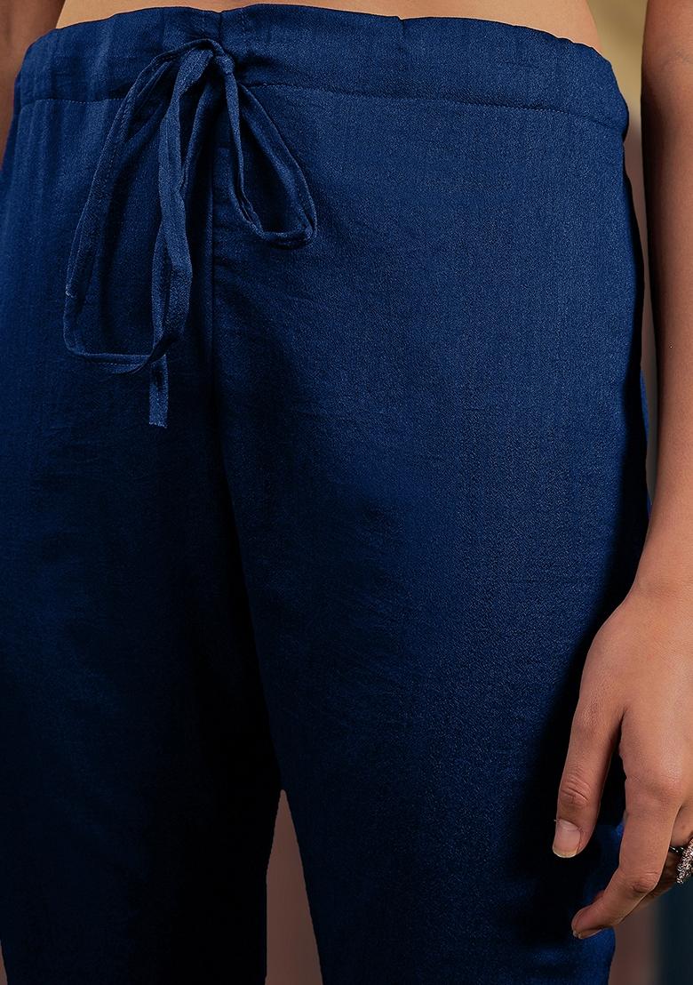 Blue Sequin Embroidered Silk Blend Kurta Set With Belt And Potli Bag - Indya