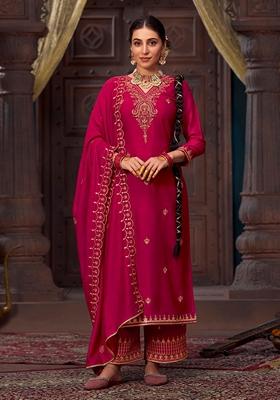 Pink Sequin Embroidered Silk Blend Kurta Set With Belt And Potli Bag
