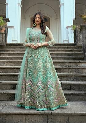 Cyan Blue Embroidered Net Anarkali Set