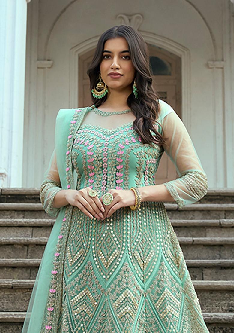 Cyan Blue Embroidered Net Anarkali Set