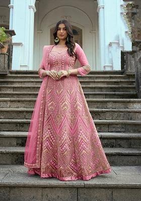Pink Embroidered Net Anarkali Set