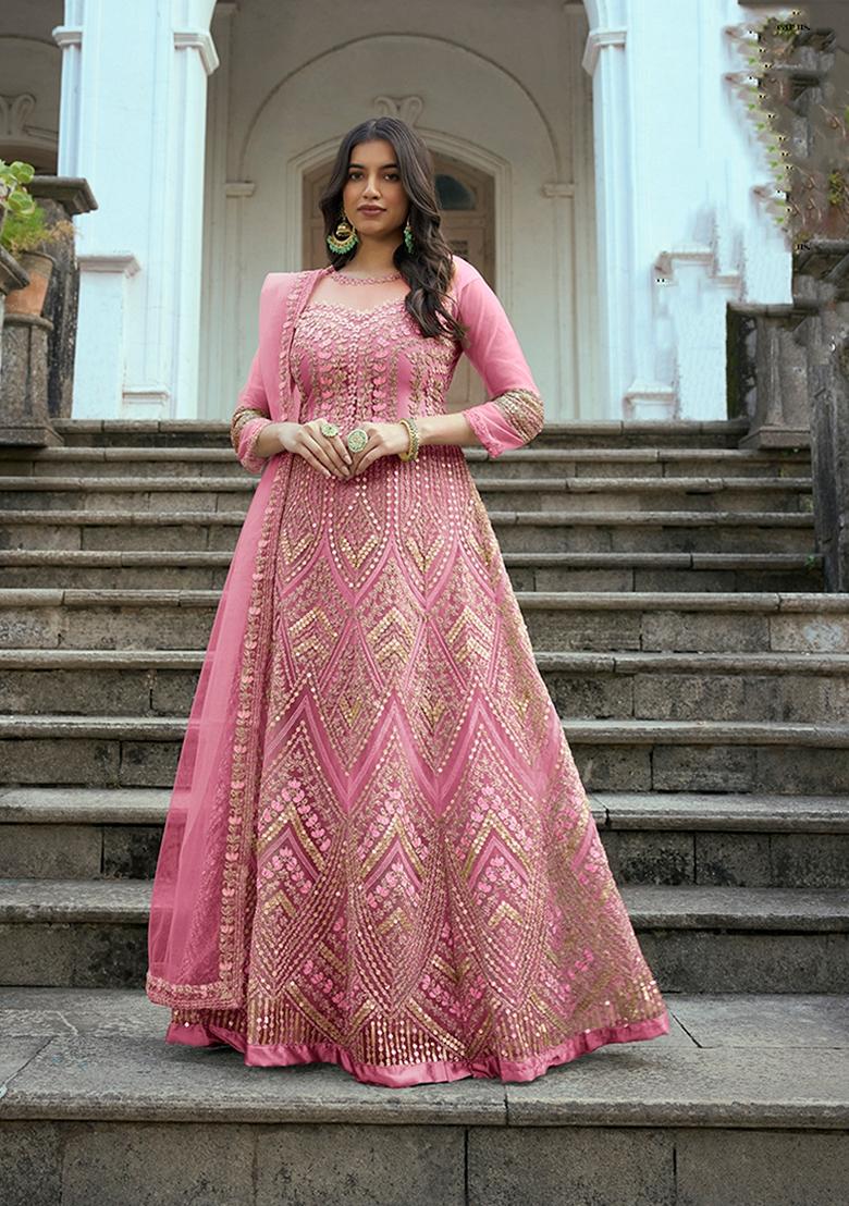 Pink Embroidered Net Anarkali Set