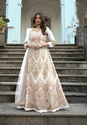 Off White Embroidered Net Anarkali Set