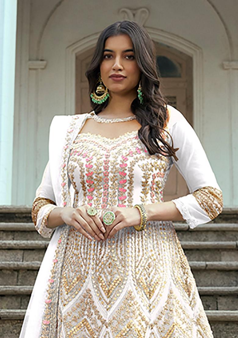 Off White Embroidered Net Anarkali Set