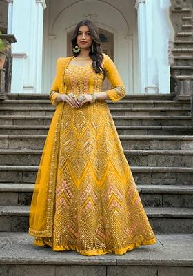 Mustard Yellow Embroidered Net Anarkali Set